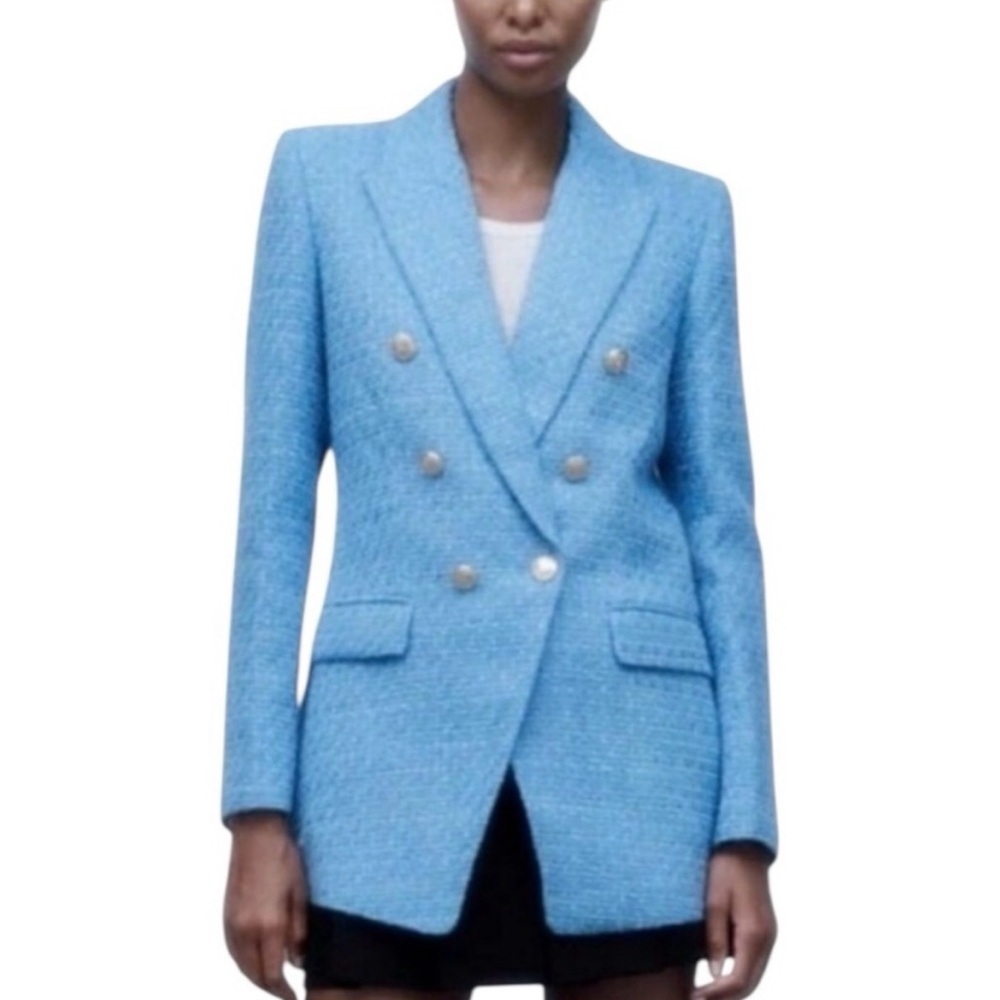💙🦋Zara Blue Tweed Long Fitted Double Breasted Blazer Size Small🦋💙 - Picture 2 of 8